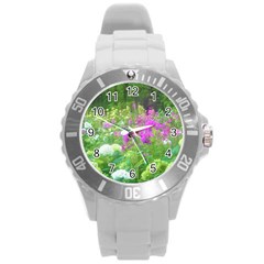 Annabella Hydrangeas And Purple Garden Landscape Round Plastic Sport Watch (l) by myrubiogarden