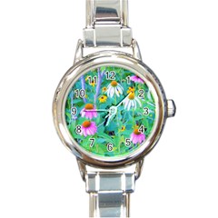 White And Purple Coneflowers And Yellow Rudbeckia Round Italian Charm Watch by myrubiogarden