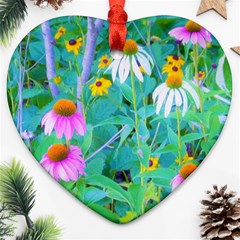 White And Purple Coneflowers And Yellow Rudbeckia Ornament (heart)