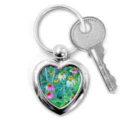 White And Purple Coneflowers And Yellow Rudbeckia Key Chains (heart)  by myrubiogarden