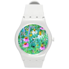 White And Purple Coneflowers And Yellow Rudbeckia Round Plastic Sport Watch (m)