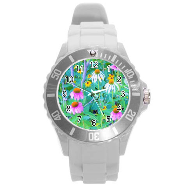 White And Purple Coneflowers And Yellow Rudbeckia Round Plastic Sport Watch (L)