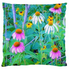 White And Purple Coneflowers And Yellow Rudbeckia Large Cushion Case (one Side) by myrubiogarden