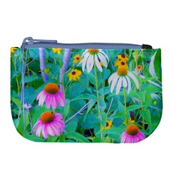 White And Purple Coneflowers And Yellow Rudbeckia Large Coin Purse by myrubiogarden