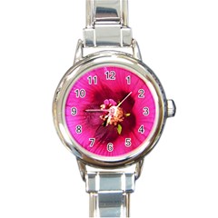 Deep Pink And Crimson Hibiscus Flower Macro Round Italian Charm Watch by myrubiogarden