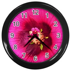 Deep Pink And Crimson Hibiscus Flower Macro Wall Clock (black) by myrubiogarden