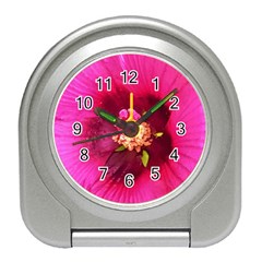 Deep Pink And Crimson Hibiscus Flower Macro Travel Alarm Clock