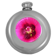 Deep Pink And Crimson Hibiscus Flower Macro Round Hip Flask (5 Oz) by myrubiogarden