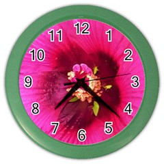 Deep Pink And Crimson Hibiscus Flower Macro Color Wall Clock by myrubiogarden