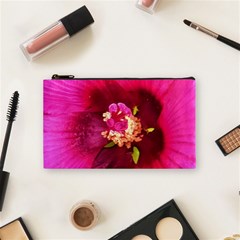 Deep Pink And Crimson Hibiscus Flower Macro Cosmetic Bag (small) by myrubiogarden