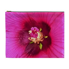 Deep Pink And Crimson Hibiscus Flower Macro Cosmetic Bag (xl) by myrubiogarden