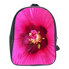 Deep Pink And Crimson Hibiscus Flower Macro School Bag (large) by myrubiogarden