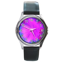 Psychedelic Purple Garden Milkweed Flower Round Metal Watch by myrubiogarden