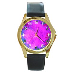 Psychedelic Purple Garden Milkweed Flower Round Gold Metal Watch by myrubiogarden