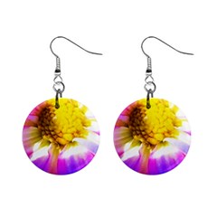 Purple, Pink And White Dahlia With A Bright Yellow Center Mini Button Earrings