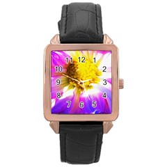 Purple, Pink And White Dahlia With A Bright Yellow Center Rose Gold Leather Watch 