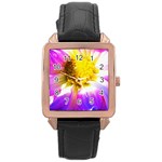 Purple, Pink And White Dahlia With A Bright Yellow Center Rose Gold Leather Watch  Front