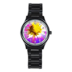 Purple, Pink And White Dahlia With A Bright Yellow Center Stainless Steel Round Watch