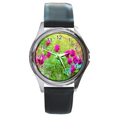 Impressionistic Purple Peonies With Green Hostas Round Metal Watch