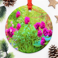 Impressionistic Purple Peonies With Green Hostas Ornament (round) by myrubiogarden