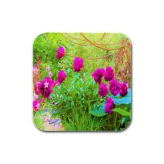 Impressionistic Purple Peonies With Green Hostas Rubber Square Coaster (4 Pack)  by myrubiogarden