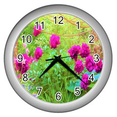 Impressionistic Purple Peonies With Green Hostas Wall Clock (silver) by myrubiogarden