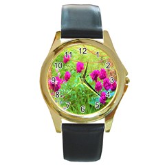 Impressionistic Purple Peonies With Green Hostas Round Gold Metal Watch by myrubiogarden