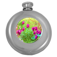 Impressionistic Purple Peonies With Green Hostas Round Hip Flask (5 Oz) by myrubiogarden