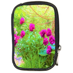 Impressionistic Purple Peonies With Green Hostas Compact Camera Leather Case by myrubiogarden