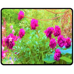 Impressionistic Purple Peonies With Green Hostas Fleece Blanket (medium)  by myrubiogarden