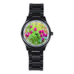 Impressionistic Purple Peonies With Green Hostas Stainless Steel Round Watch by myrubiogarden