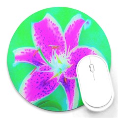 Hot Pink Stargazer Lily On Turquoise Blue And Green Round Mousepads by myrubiogarden