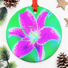 Hot Pink Stargazer Lily On Turquoise Blue And Green Ornament (round) by myrubiogarden