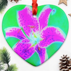 Hot Pink Stargazer Lily On Turquoise Blue And Green Ornament (heart)