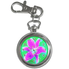 Hot Pink Stargazer Lily On Turquoise Blue And Green Key Chain Watches by myrubiogarden