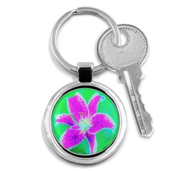 Hot Pink Stargazer Lily On Turquoise Blue And Green Key Chains (round)  by myrubiogarden