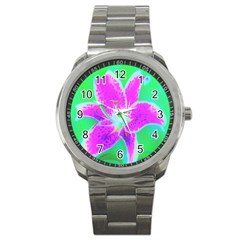 Hot Pink Stargazer Lily On Turquoise Blue And Green Sport Metal Watch by myrubiogarden