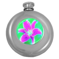 Hot Pink Stargazer Lily On Turquoise Blue And Green Round Hip Flask (5 Oz) by myrubiogarden