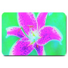 Hot Pink Stargazer Lily On Turquoise Blue And Green Large Doormat  by myrubiogarden