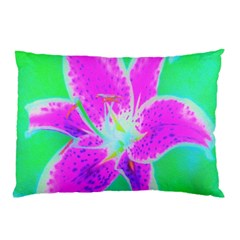 Hot Pink Stargazer Lily On Turquoise Blue And Green Pillow Case by myrubiogarden