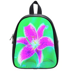 Hot Pink Stargazer Lily On Turquoise Blue And Green School Bag (small) by myrubiogarden