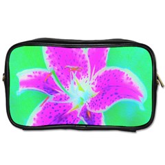 Hot Pink Stargazer Lily On Turquoise Blue And Green Toiletries Bag (one Side) by myrubiogarden