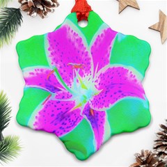 Hot Pink Stargazer Lily On Turquoise Blue And Green Ornament (snowflake)