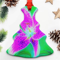 Hot Pink Stargazer Lily On Turquoise Blue And Green Christmas Tree Ornament (two Sides) by myrubiogarden