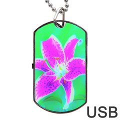 Hot Pink Stargazer Lily On Turquoise Blue And Green Dog Tag Usb Flash (two Sides) by myrubiogarden