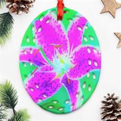 Hot Pink Stargazer Lily On Turquoise Blue And Green Oval Filigree Ornament (two Sides)