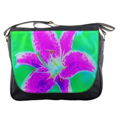 Hot Pink Stargazer Lily On Turquoise Blue And Green Messenger Bag by myrubiogarden