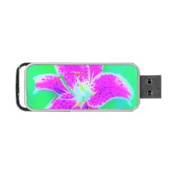 Hot Pink Stargazer Lily On Turquoise Blue And Green Portable Usb Flash (one Side) by myrubiogarden