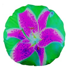 Hot Pink Stargazer Lily On Turquoise Blue And Green Large 18  Premium Round Cushions by myrubiogarden