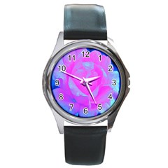 Beautiful Pastel Pink Rose With Blue Background Round Metal Watch by myrubiogarden